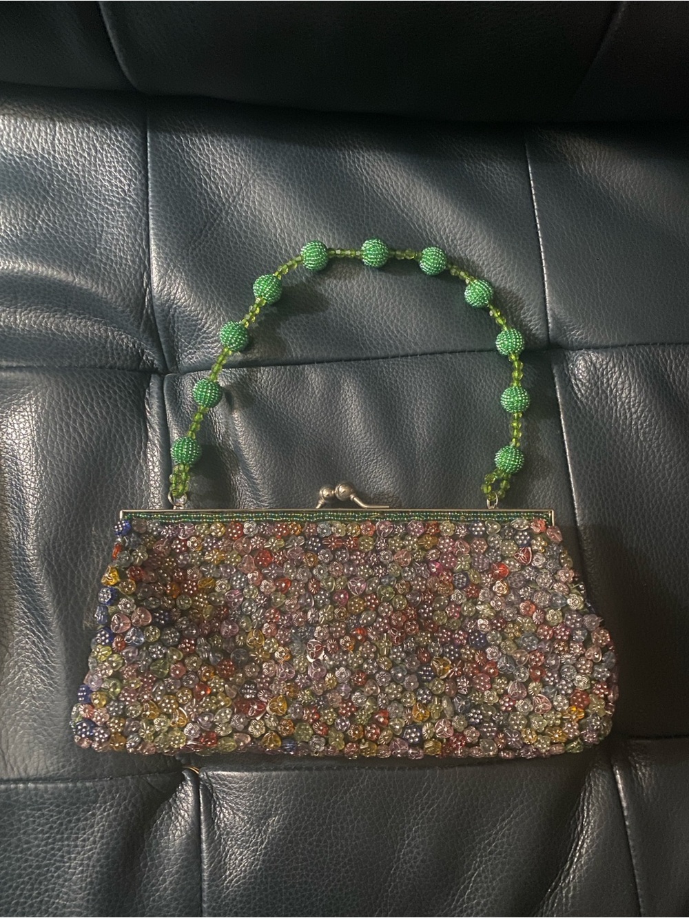 Beaded Multicolor Evening Bag or Clutch with Green Bead Handle